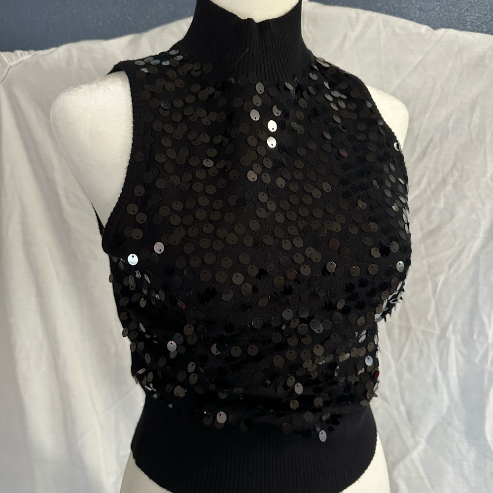 Elegant Black Sequin Crop Top